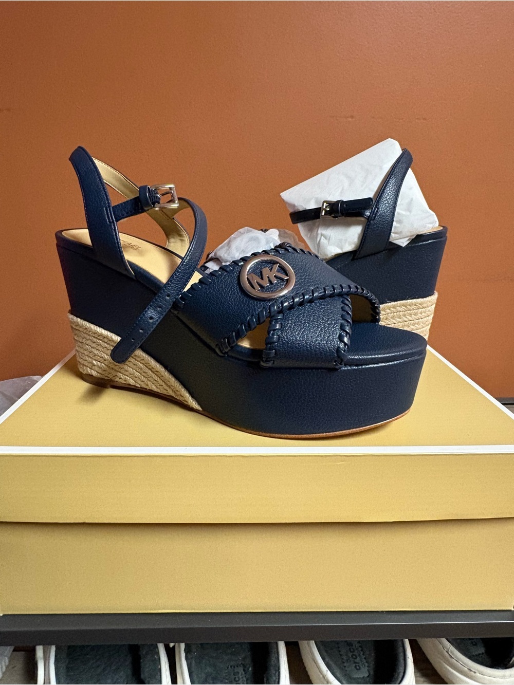 Michael Kors Navy Leather Platform Wedge Sandals with MK Medallion - Picture 2 of 10